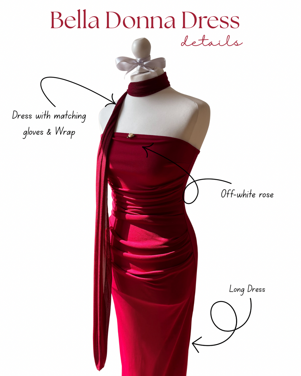 Red dress on a mannequin with text detailing features, on a white background

