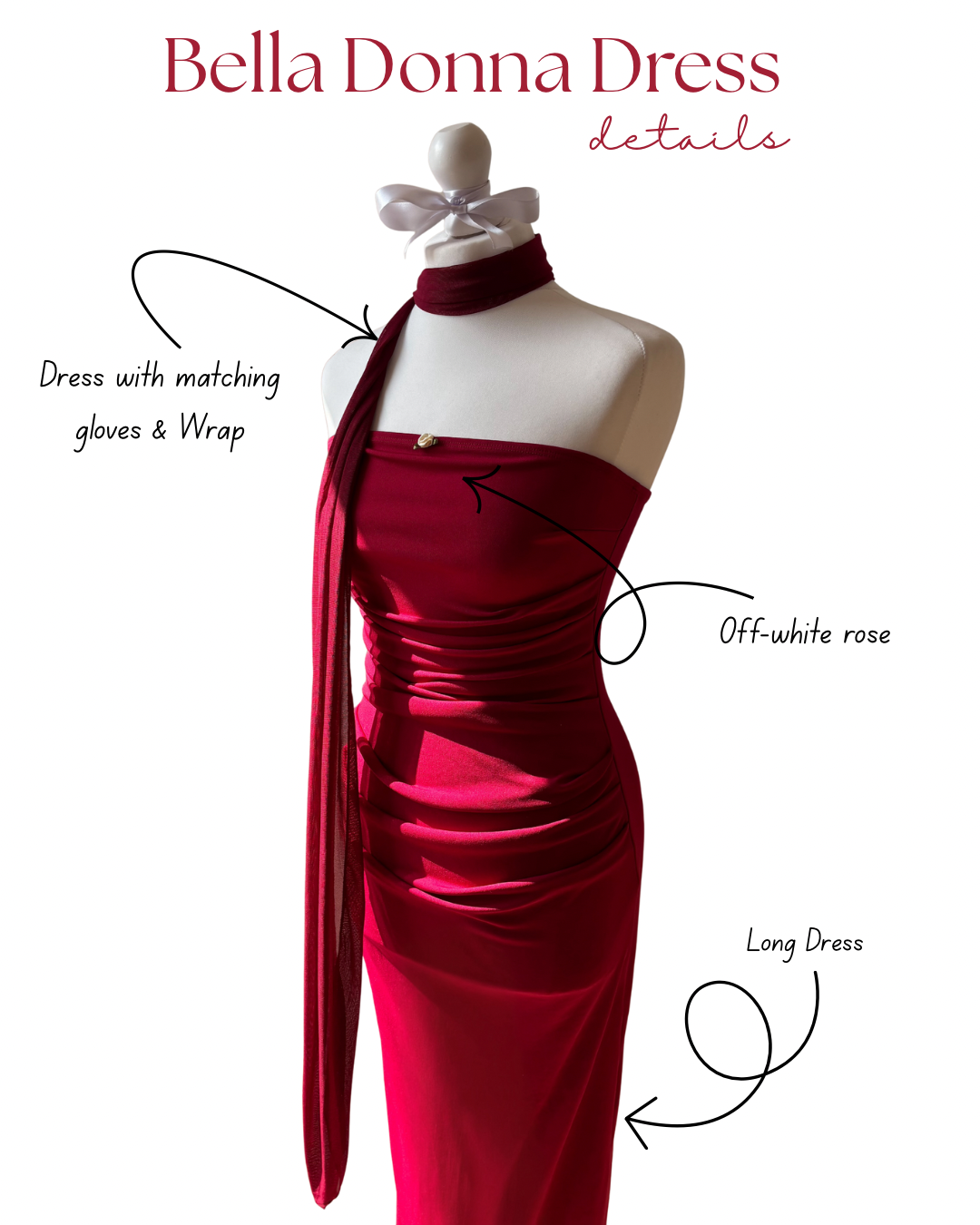 Red dress on a mannequin with text detailing features, on a white background

