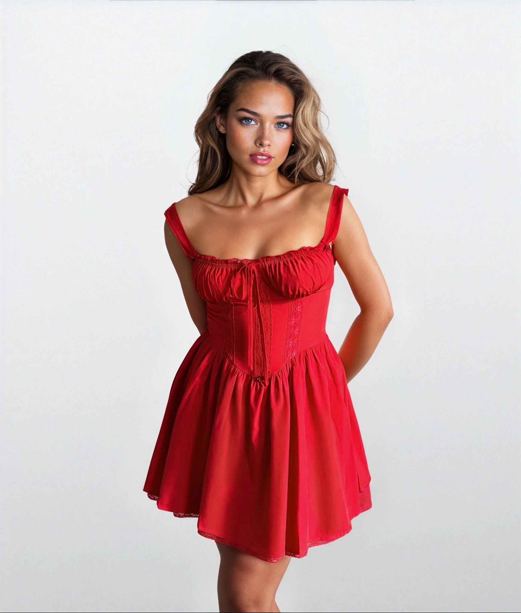 Woman wearing a red dress against a white background