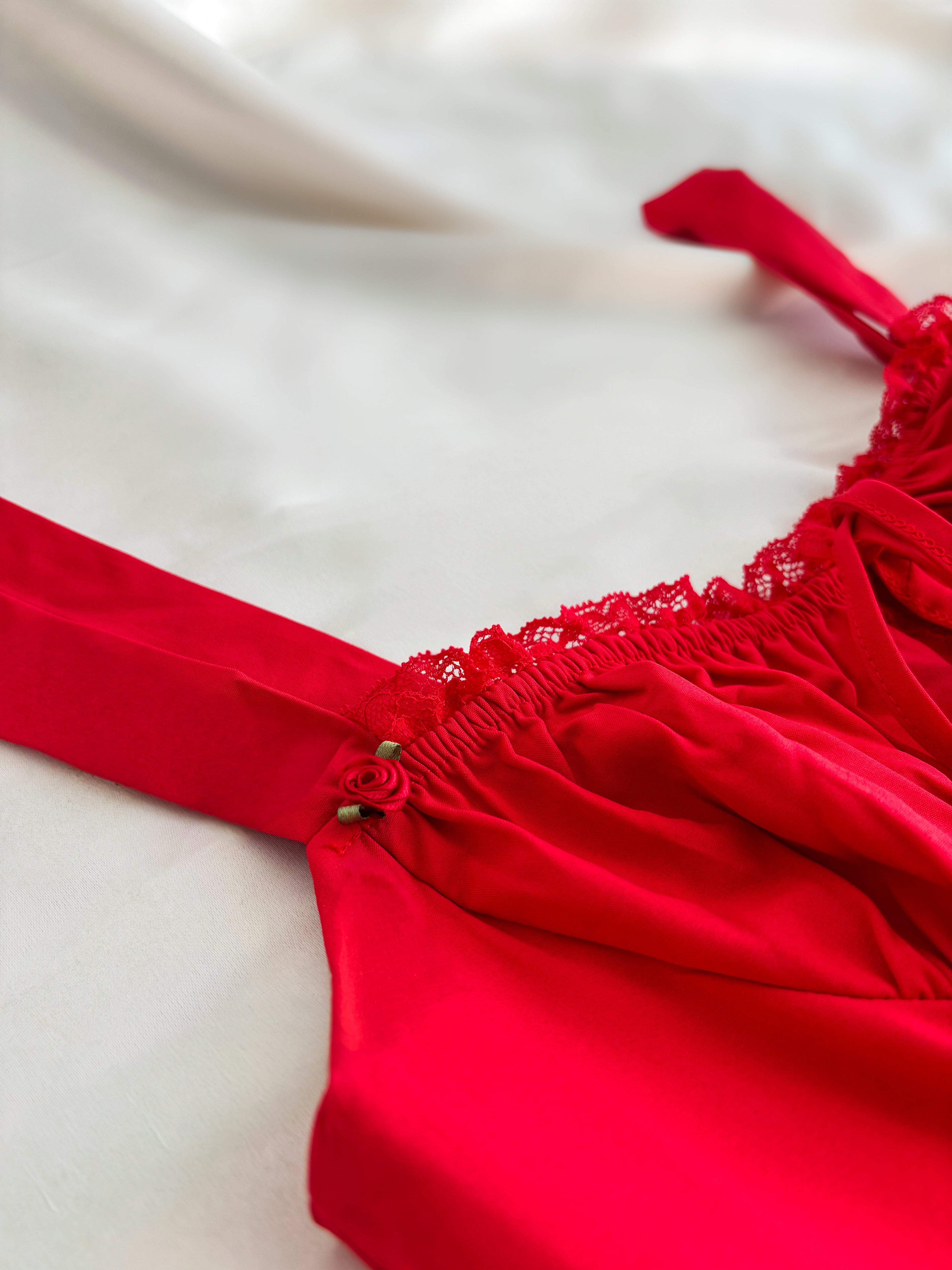 Red lace-trimmed garment on a white background
