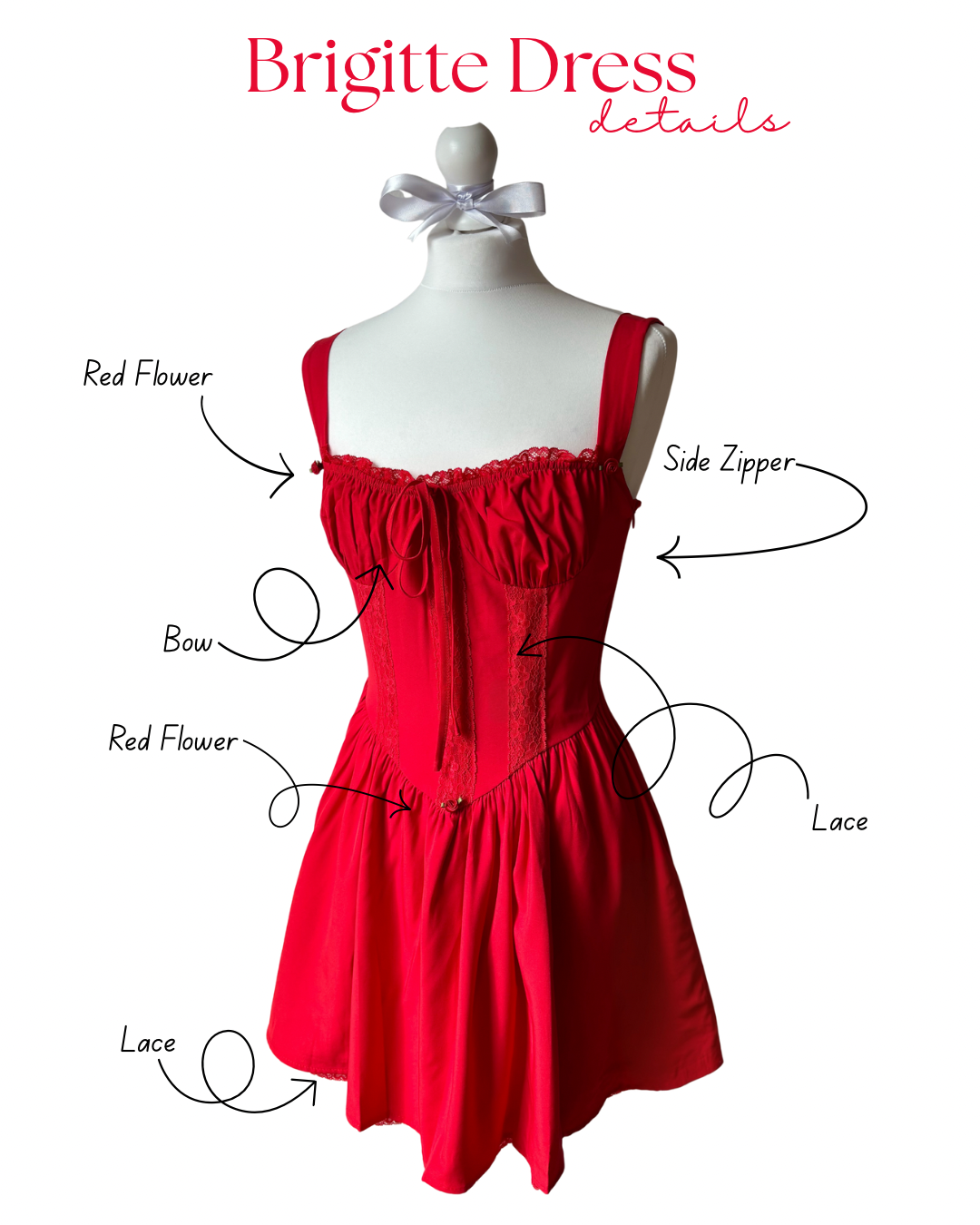 Red dress on a mannequin with labeled details on a white background